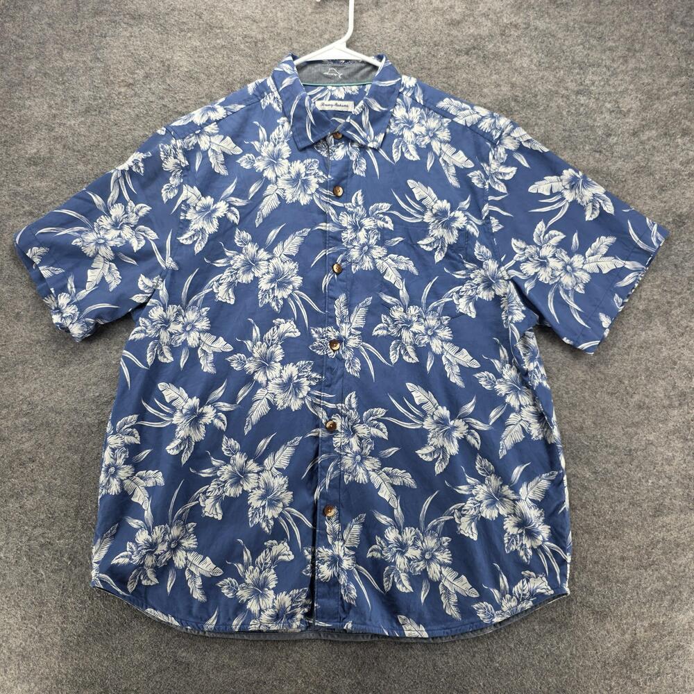 Tommy Bahama Shirt Mens XL Blue White Floral Hawaiian Silk Cotton Camp Button Up